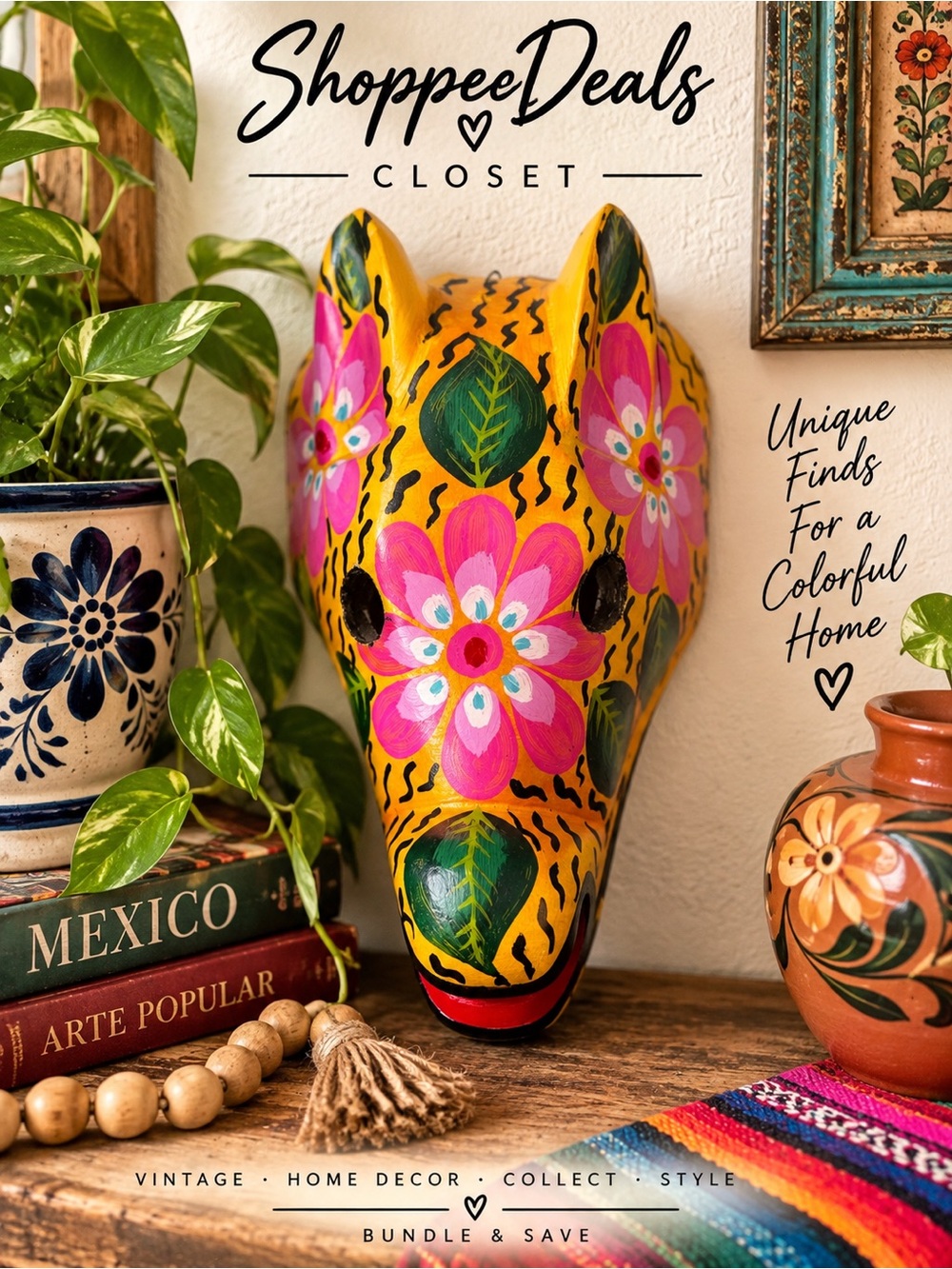 Hand Painted Wooden Animal Mask Floral Folk Art Wall Decor